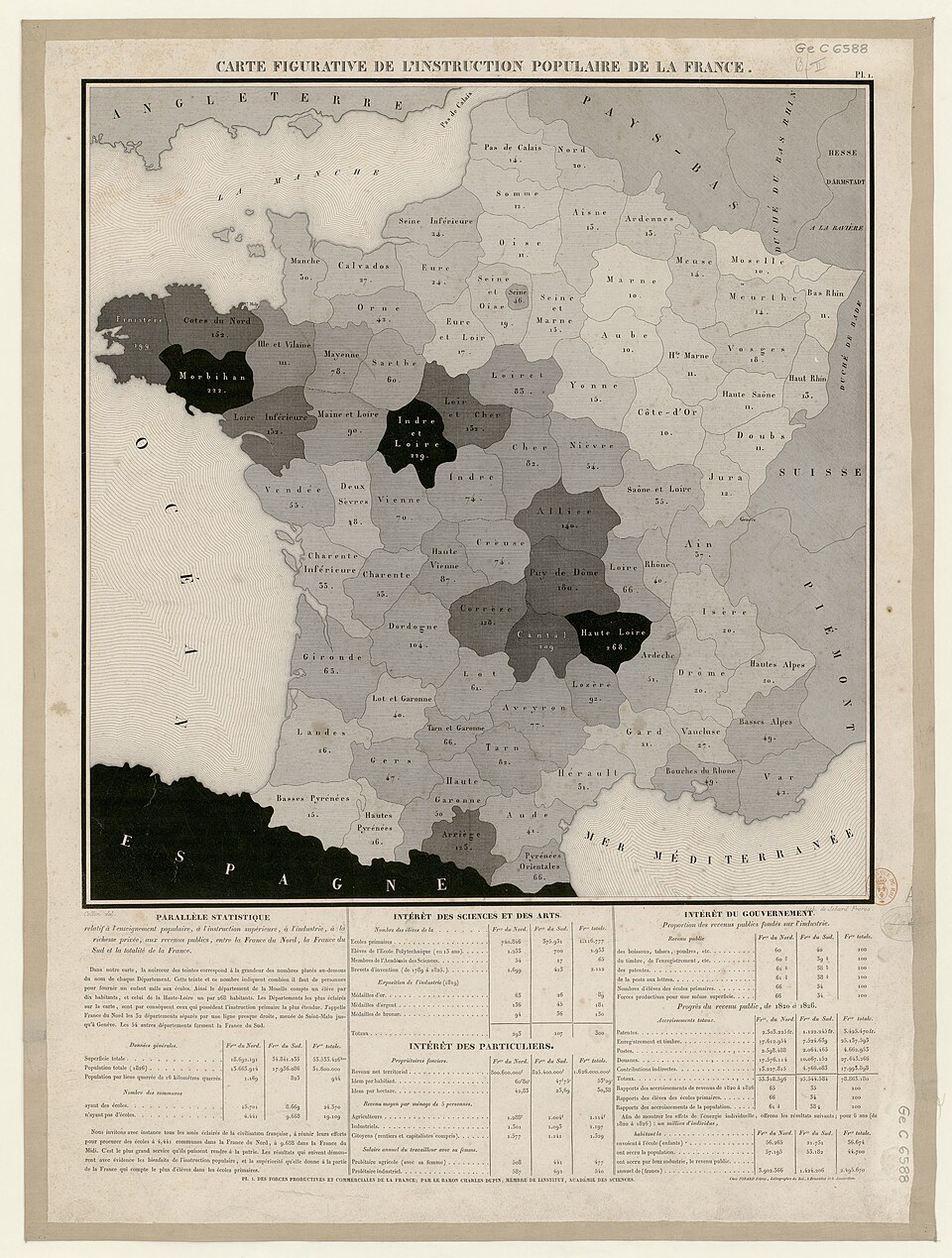 La première carte choroplèthes par Dupin (1826)