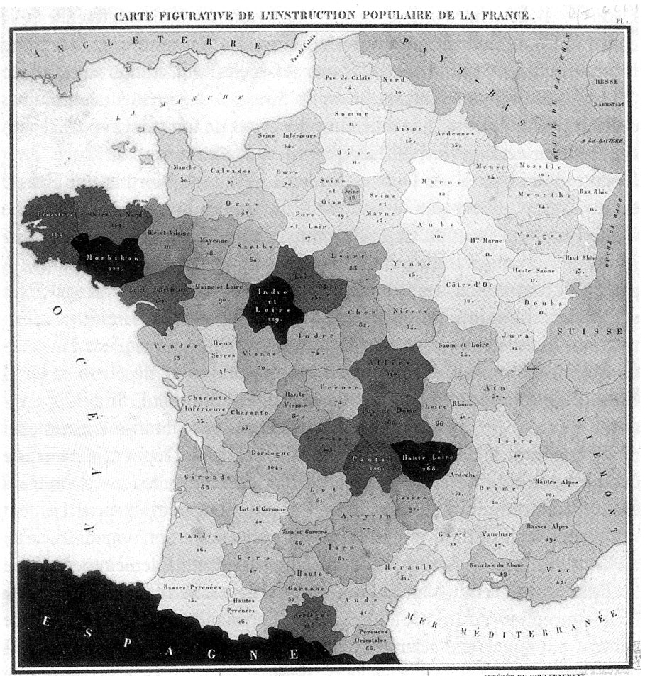 The first choropleth map by Dupin (1826)